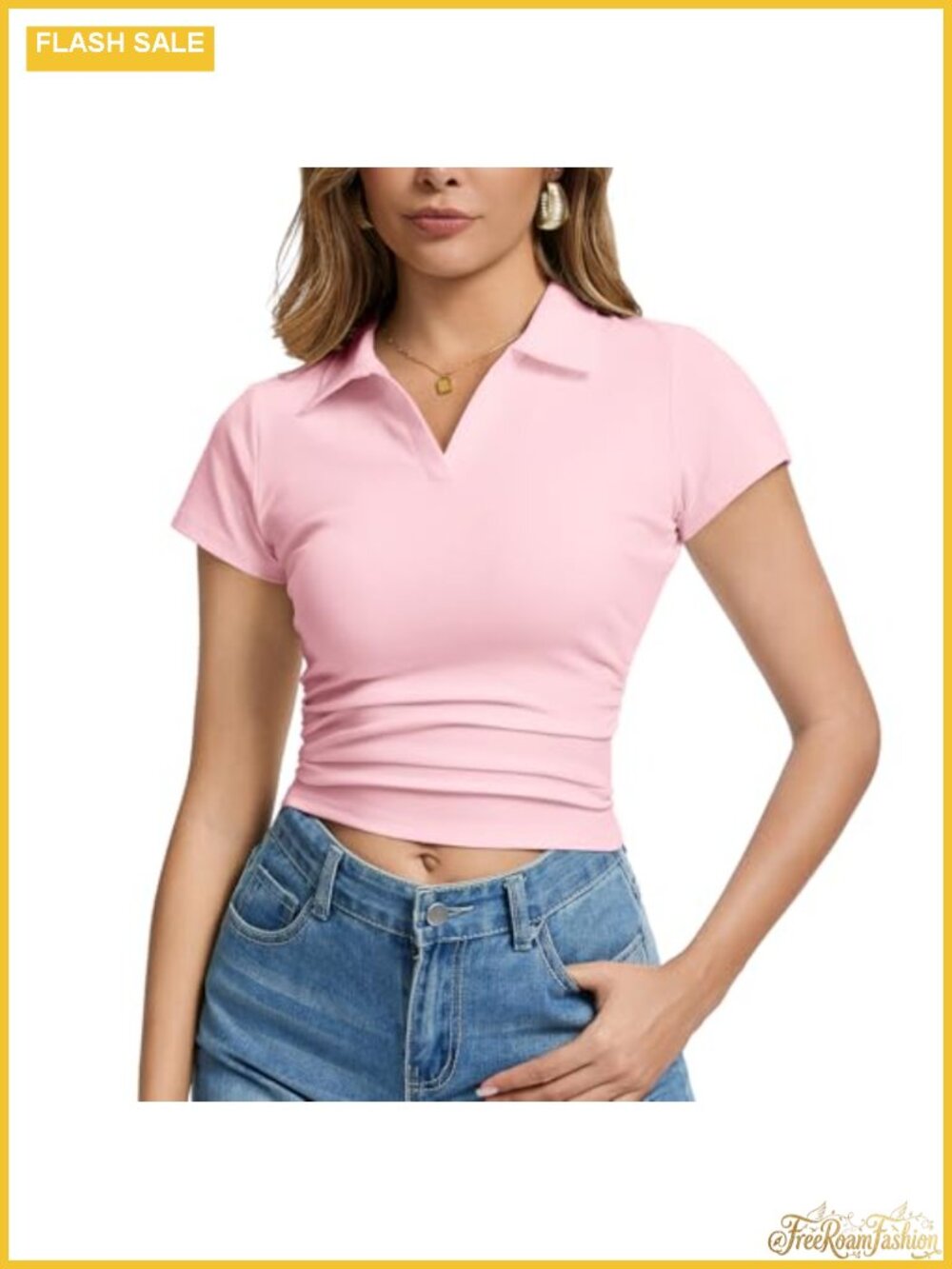 V Neck Collared Short Sleeve Fitted Summer T-Shirt